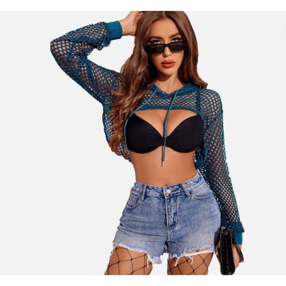Avidlove Women’s Aqua Mesh Fishnet Sheer Cropped Hooded Pullover Hoodie XXL NWT